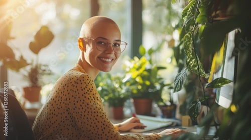 Smiling woman with alopecia working at her desk, surrounded by lush plants and natural sunlight, exuding confidence and positivity, embracing her unique beauty and enjoying a productive workday photo