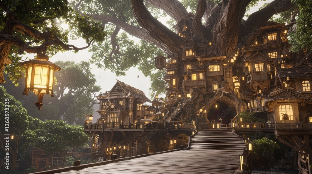 Enchanted City Built Within a Massive Tree Under Dreamy Sky Enchanted City Built Within a Massive Tree Under Dreamy Sky