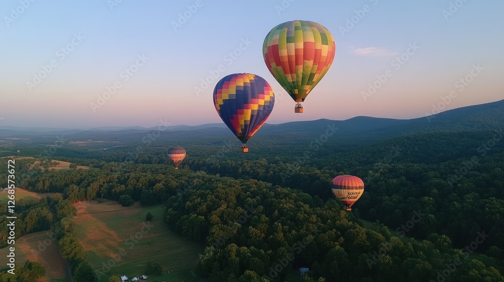 Naklejka premium Hot Air Balloons Soaring Over Scenic Landscape