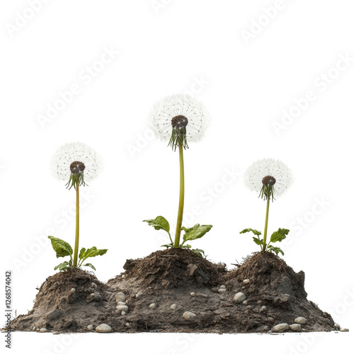 Dandelions growing from rich soil photo