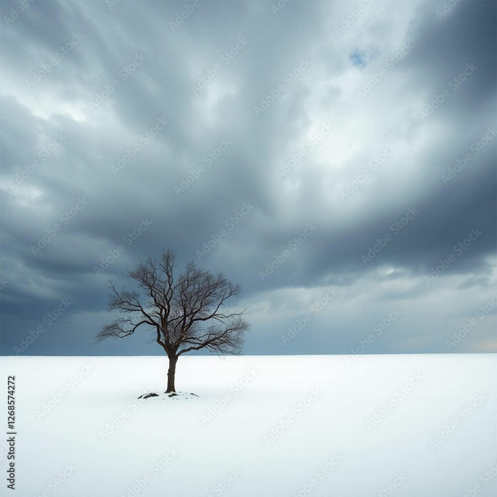 Intense dramatic weather, unusual fine art photography, single delicate tree in vast snowy landscape, soft contrast, soft saturation, stormy skies, high tension, editorial style. Intense dramatic weather, unusual fine art photography, single delicate tree in vast snowy landscape, soft contrast, soft saturation, stormy skies, high tension, editorial style.