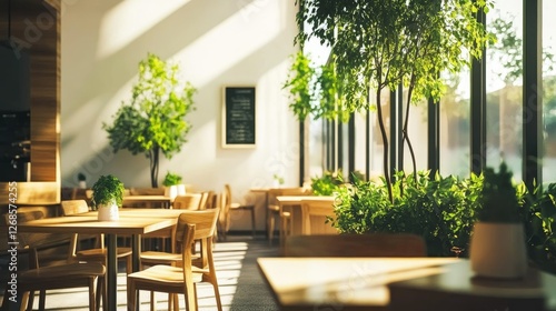 Bright and airy minimalist cafe featuring neutral tones, sleek wooden furniture, and green trees for a fresh touch. No people.