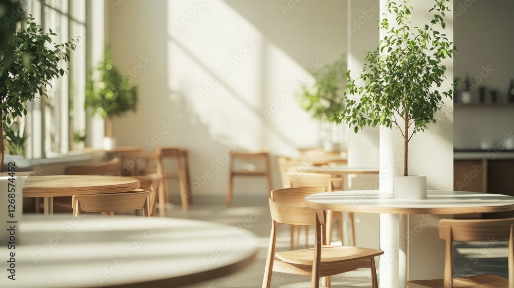 Obraz premium Clean, spacious cafe designed for work and relaxation. Minimalist aesthetic with white and brown tones, wooden furniture, and a few green trees. No people.