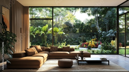 Contemporary living space with a large brown sofa, sophisticated design, and floor-to-ceiling windows showcasing a vibrant garden.