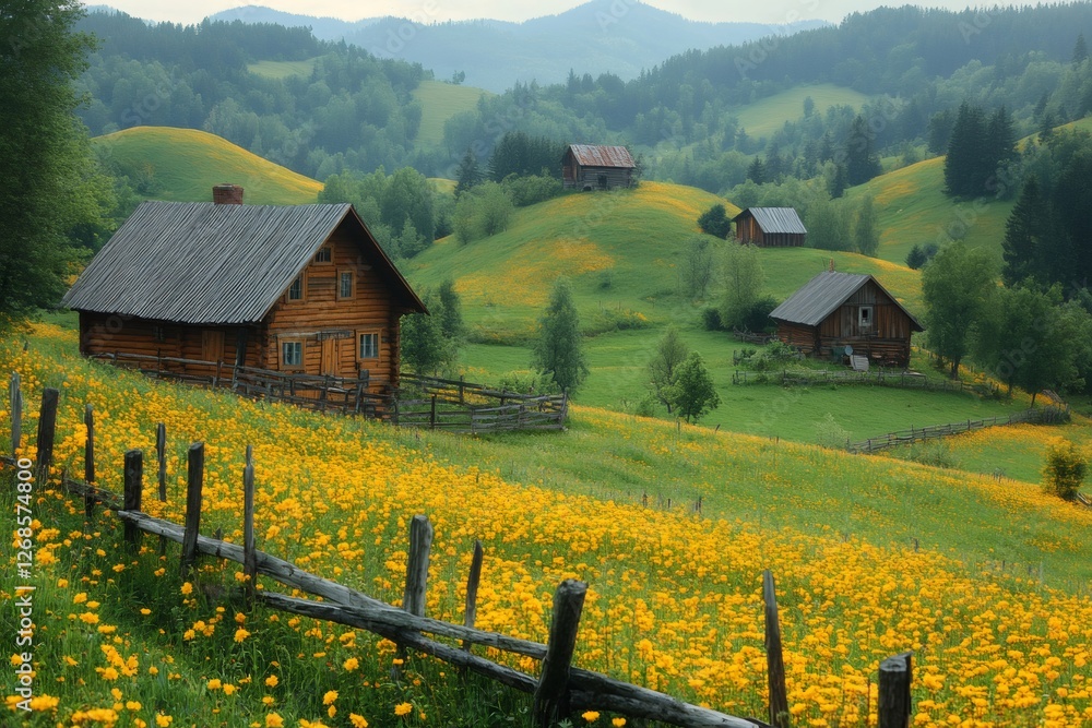 Wooden houses standing on hills covered by yellow flowers Wooden houses standing on hills covered by yellow flowers