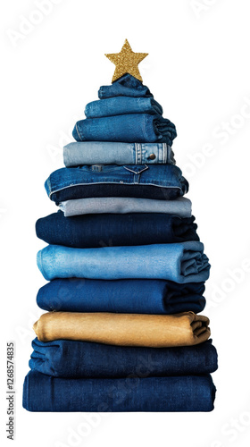 Denim stack shaped like a Christmas tree.