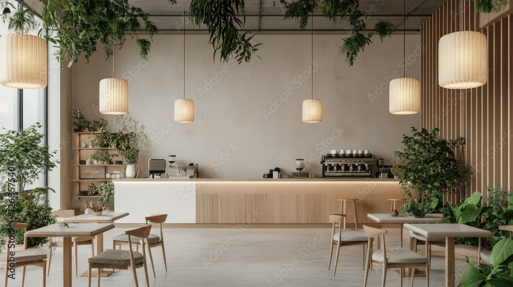 Obraz Minimalist modern cafe with an open workspace. White and brown decor with natural greenery. Soft lighting and a peaceful setting. No people.