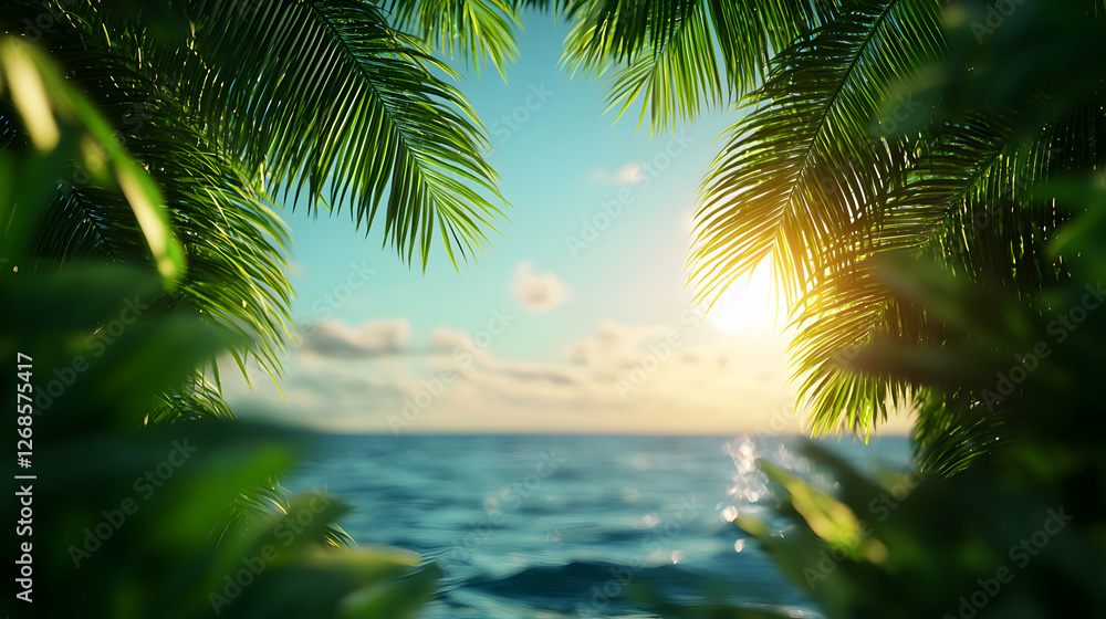 Fototapeta premium Tropical Sunset Ocean View Through Palm Leaves