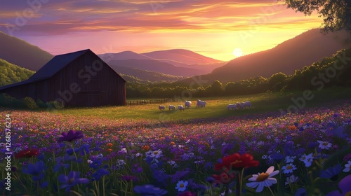 A serene sunset over a vibrant meadow with grazing sheep and a rustic barn.