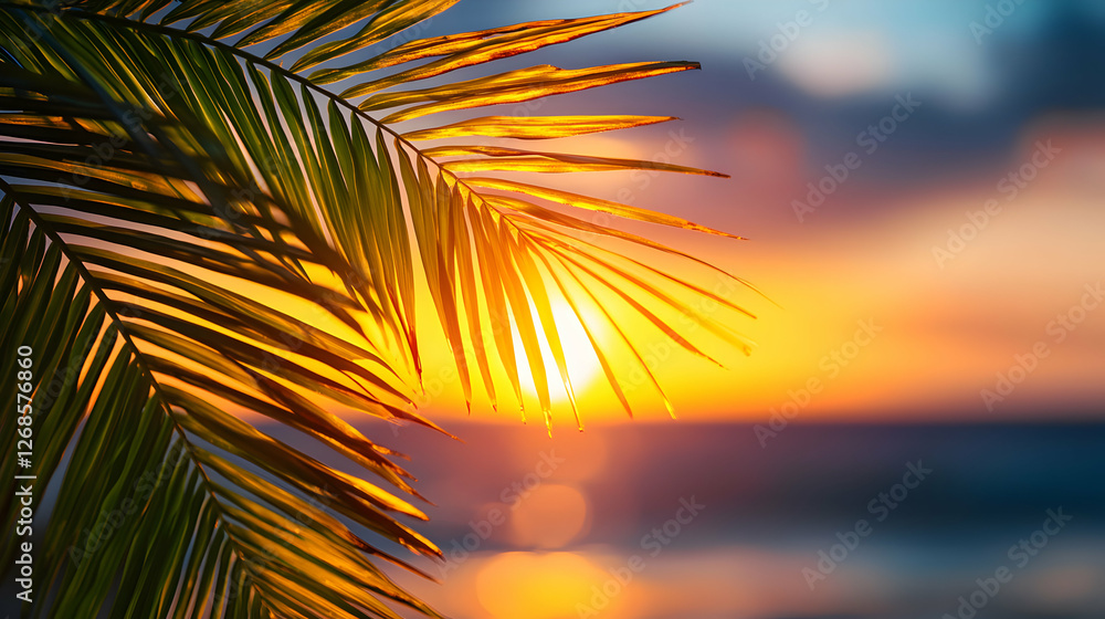 Tropical Sunset with Palm Leaf Silhouette Tropical Sunset with Palm Leaf Silhouette