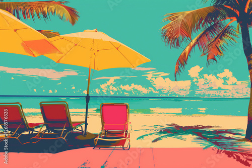 Vibrant and colorful vacation and beach pop art