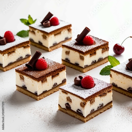 A row of four delicious tiramisu dessert slices isolated on a white background. Each piece is layered with creamy mascarpone, coffee-soaked sponge cake, and dusted with cocoa powder. The slices are un