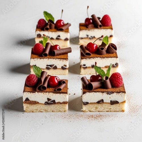 A row of four delicious tiramisu dessert slices isolated on a white background. Each piece is layered with creamy mascarpone, coffee-soaked sponge cake, and dusted with cocoa powder. The slices are un