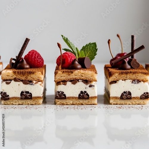 A row of four delicious tiramisu dessert slices isolated on a white background. Each piece is layered with creamy mascarpone, coffee-soaked sponge cake, and dusted with cocoa powder. The slices are un