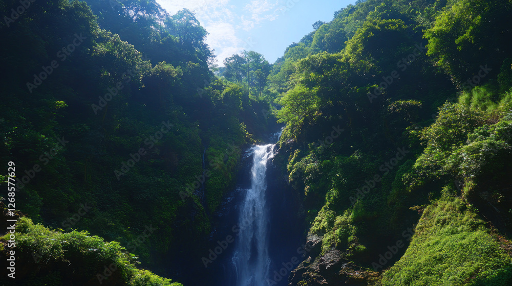 Lush Waterfall Cascading Through Jungle, Sunny Day Lush Waterfall Cascading Through Jungle, Sunny Day