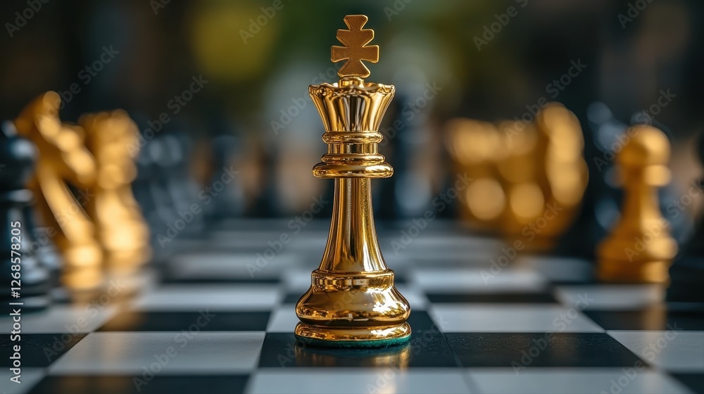 Gold chess piece positioned on a chess board representing strategy and decision making in a game Gold chess piece positioned on a chess board representing strategy and decision making in a game
