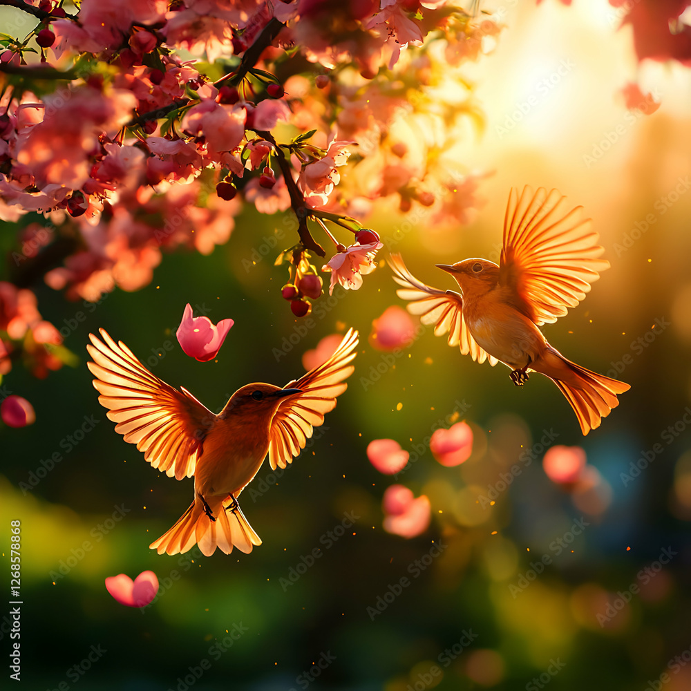 Two Birds in Flight Among Pink Blossoms at Sunrise Two Birds in Flight Among Pink Blossoms at Sunrise