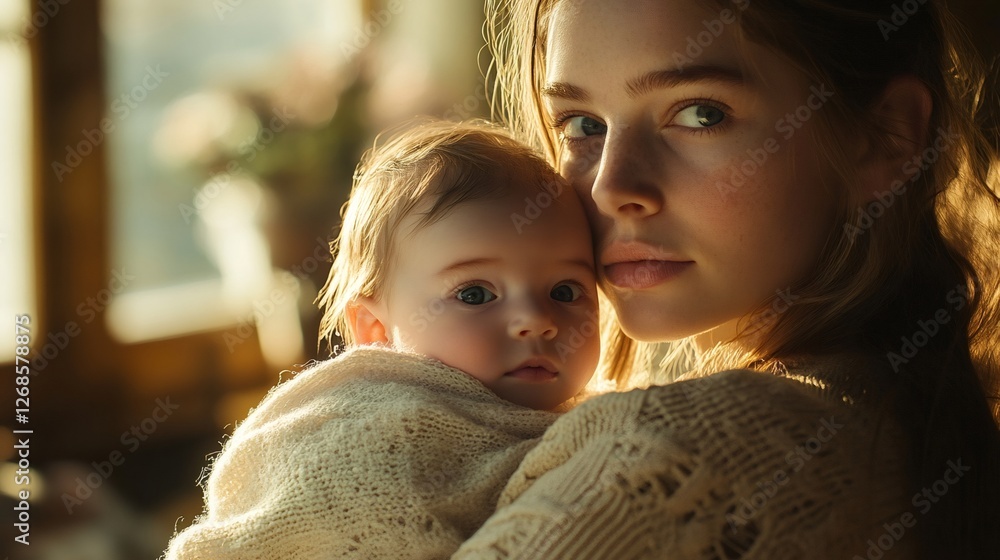 Obraz premium Young mother holding her baby daughter at sunset