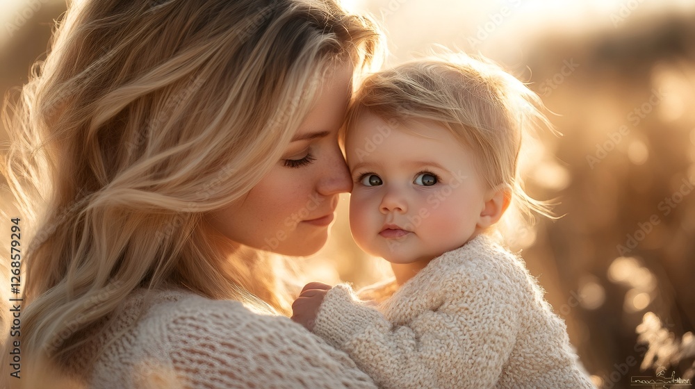 Mother holding her baby girl in a wheat field at sunset Mother holding her baby girl in a wheat field at sunset