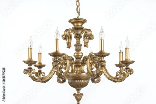 Gold ornate chandelier, eight lights, studio shot, interior decor photo