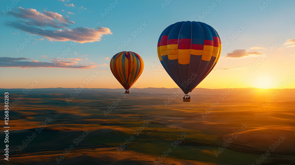 Obraz premium Two Colorful Hot Air Balloons Soaring Over a Desert Landscape at Sunrise