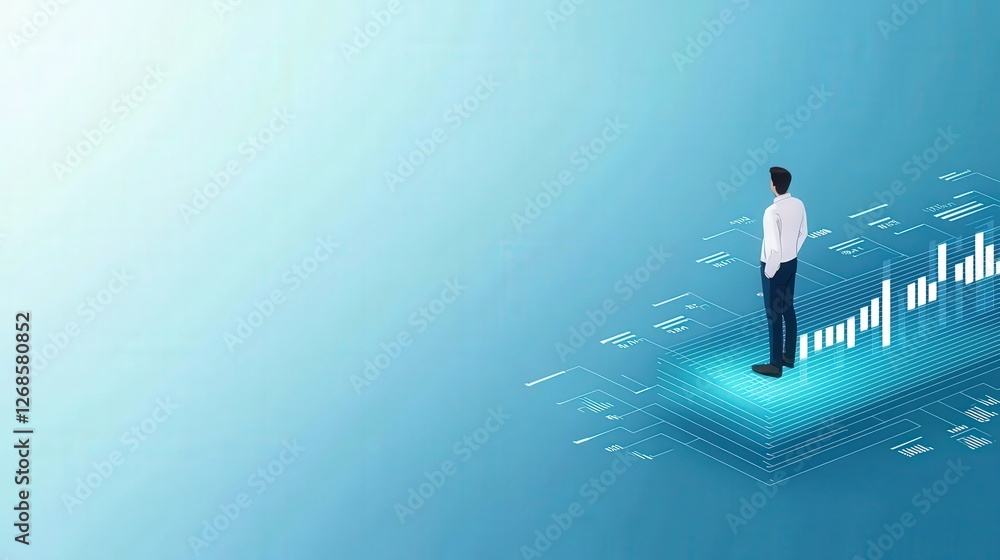 Businessman Standing on Futuristic Data Platform with Upward Trend Graph Businessman Standing on Futuristic Data Platform with Upward Trend Graph