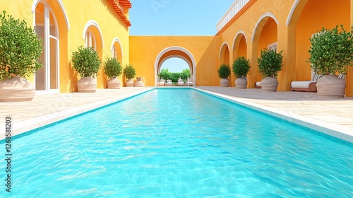 Serene turquoise pool gleams brightly under sunny skies Mediterranean villa courtyard. AI Generated