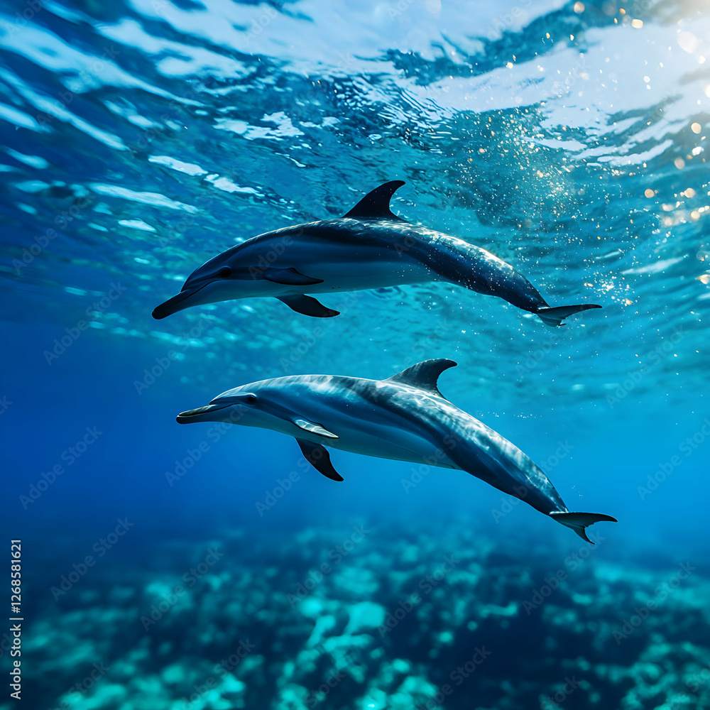Two Dolphins Swimming Underwater in a Vibrant Blue Ocean Two Dolphins Swimming Underwater in a Vibrant Blue Ocean