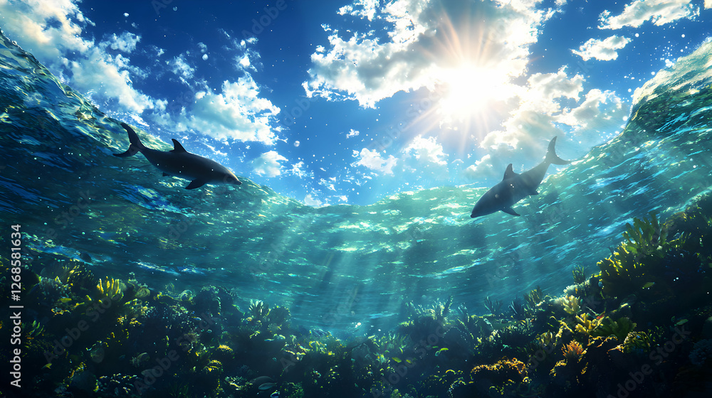 Fototapeta premium Two Dolphins Swimming Underwater in a Sunny Ocean