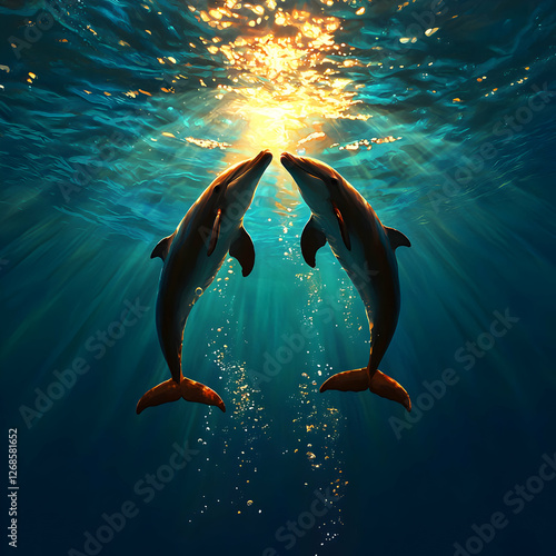 Two Dolphins Underwater at Sunset