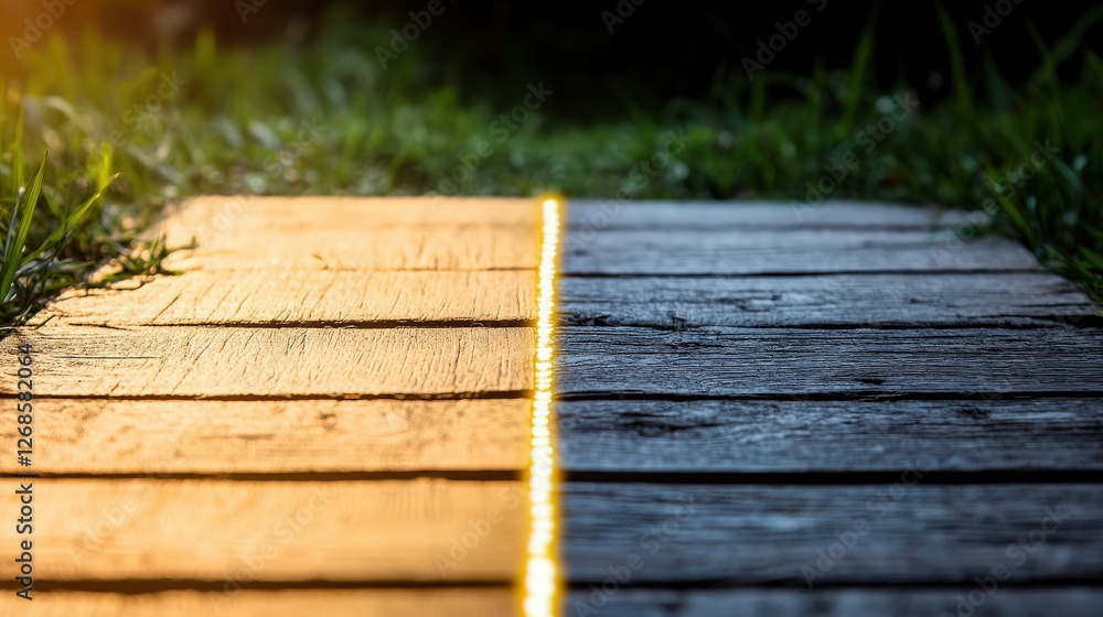 Illuminated Wooden Path Dividing Light and Shadow.