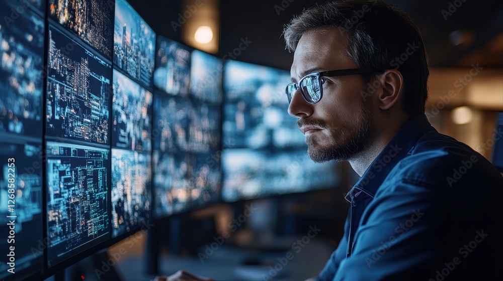 Fototapeta premium Man analyzing data on computer screen for project management and strategic planning in office environment