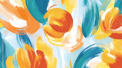 Abstract swirling brushstrokes in orange yellow and teal