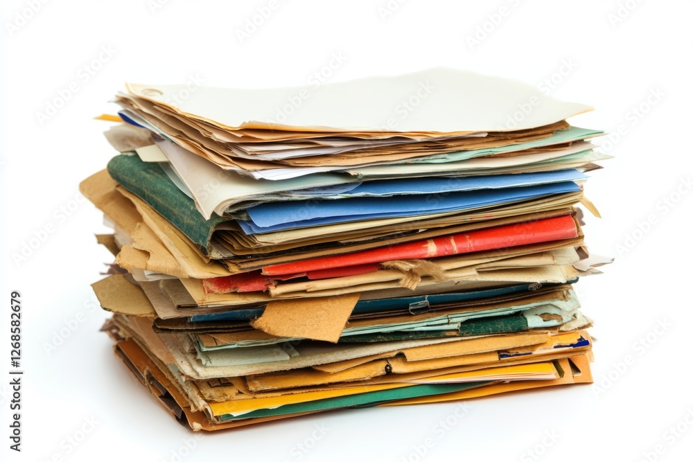 Stacked papers, office, documents, archive, clutter, white background, recycling, organization, storage, paperwork Stacked papers, office, documents, archive, clutter, white background, recycling, organization, storage, paperwork
