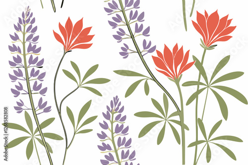 Seamless Montana wildflower design with lupines and Indian paintbrush.