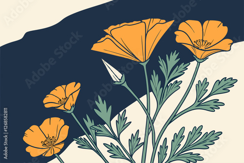 California poppies in bright orange with a navy-blue backdrop.