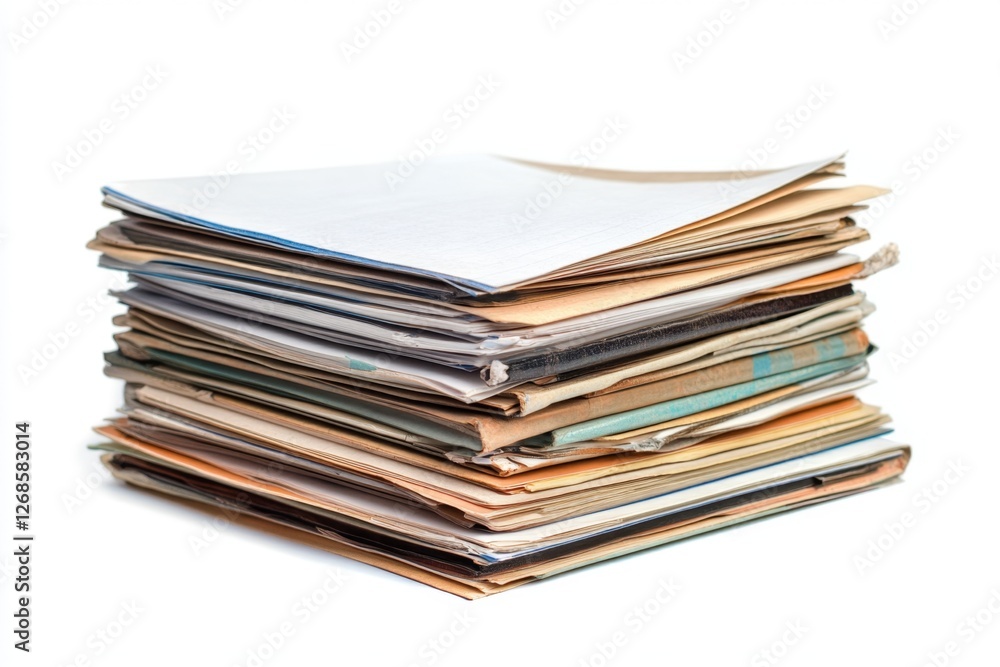 Stacked papers, documents, office, white background, archiving Stacked papers, documents, office, white background, archiving