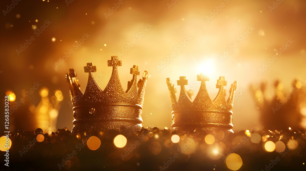 Two Golden Crowns on Dark Background with Golden Lights