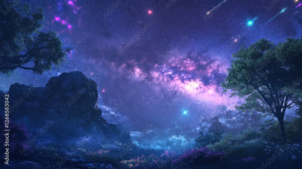 Obraz premium Night sky, magical forest, shooting stars, fantasy landscape, game background