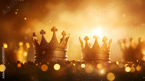 Obraz na płótnie Two Golden Crowns on Dark Background with Golden Lights w salonie