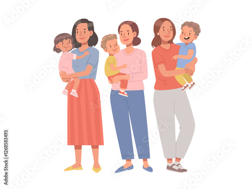 Group of young happy mothers with babies on white background. Vector illustration