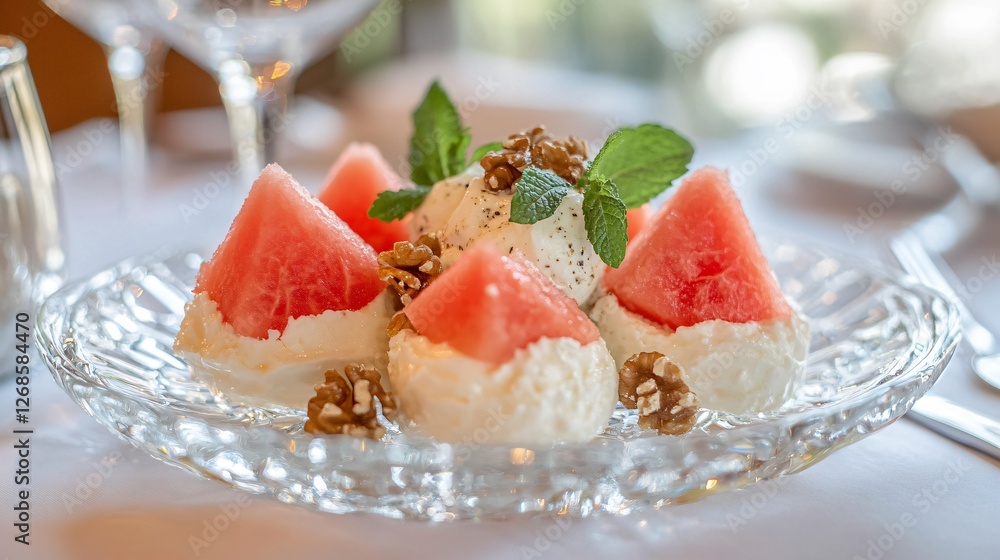 A fine dining experience featuring a gourmet watermelon and mint salad quenelle, paired with goat cheese mousse and candied walnuts on a crystal plate