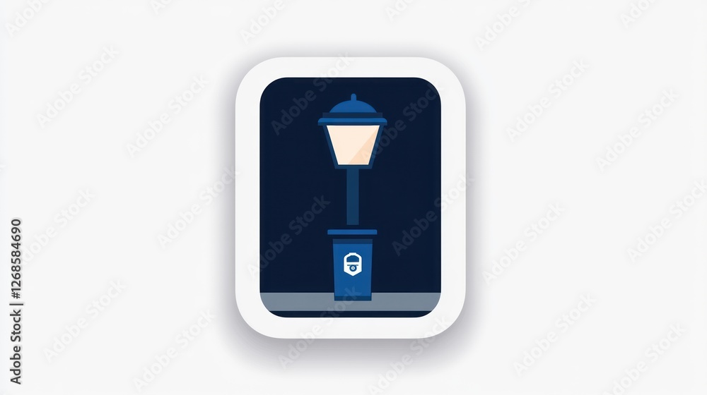 Night streetlamp, trash can, dark background, urban scene, website icon Night streetlamp, trash can, dark background, urban scene, website icon