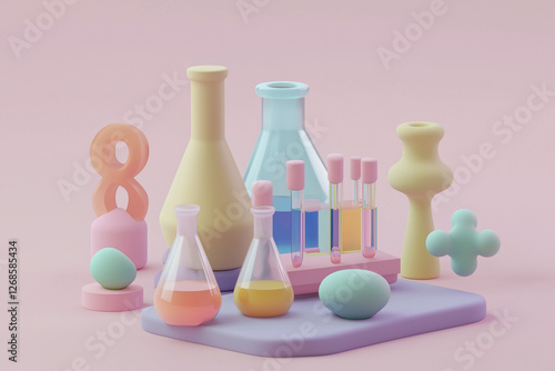 A pastel 3D chemistry lab setup with flasks, test tubes, and liquid samples. Whimsical science scene featuring soft shapes, gentle colors, and a playful experimental concept.
