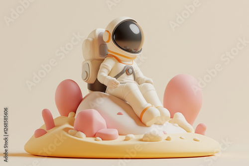 A pastel 3D astronaut sitting on a rocky alien landscape. Whimsical space scene featuring soft shapes, dreamy colors, and a serene cosmic exploration concept.
