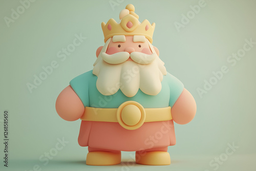 A pastel 3D cartoon king with a crown and royal beard. Whimsical character design featuring soft shapes, friendly expression, and a playful fantasy ruler.
