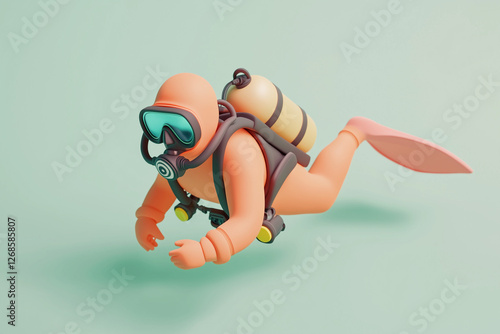 A pastel 3D cartoon scuba diver swimming with gear and flippers. Whimsical underwater scene featuring soft shapes, playful exploration, and a gentle aquatic adventure.
