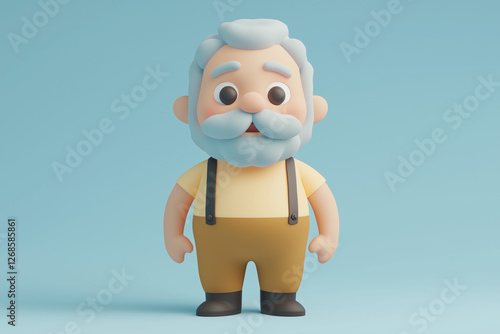 A pastel 3D cartoon grandfather with glasses and a warm smile. Whimsical elderly character featuring soft shapes, gentle colors, and a playful family theme.
