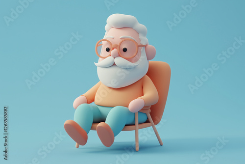 A pastel 3D cartoon grandfather with glasses and a warm smile. Whimsical elderly character featuring soft shapes, gentle colors, and a playful family theme.

