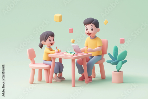 3d cartoon style teacher and student discussing homework on pastel background, Education concept.